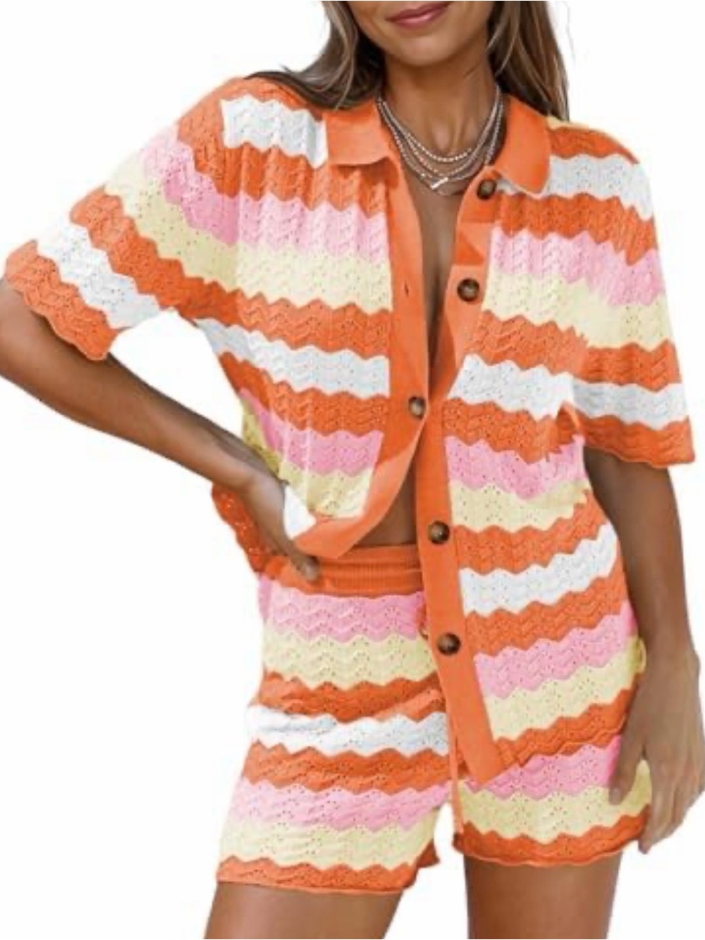 Orange Striped Knit Button-Up Top & Shorts Set